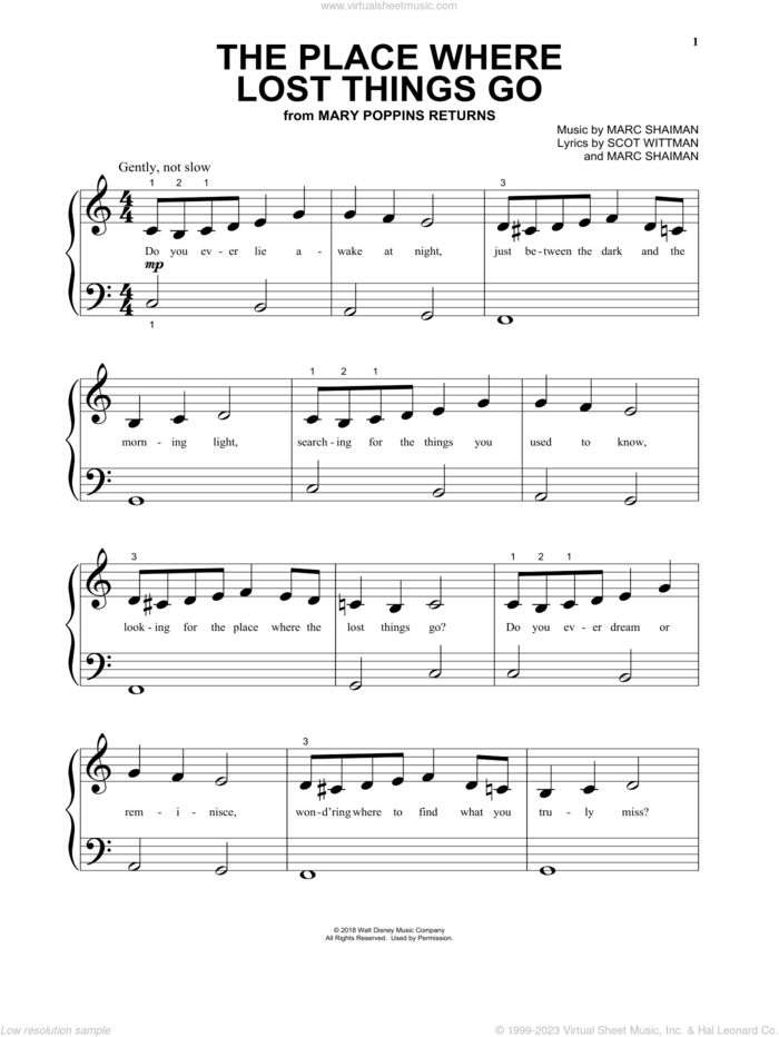 The Place Where Lost Things Go (from Mary Poppins Returns), (beginner) sheet music for piano solo by Emily Blunt, Marc Shaiman and Scott Wittman, beginner skill level