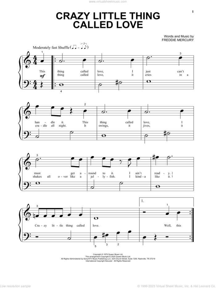 Crazy Little Thing Called Love, (beginner) sheet music for piano solo by Queen and Freddie Mercury, beginner skill level