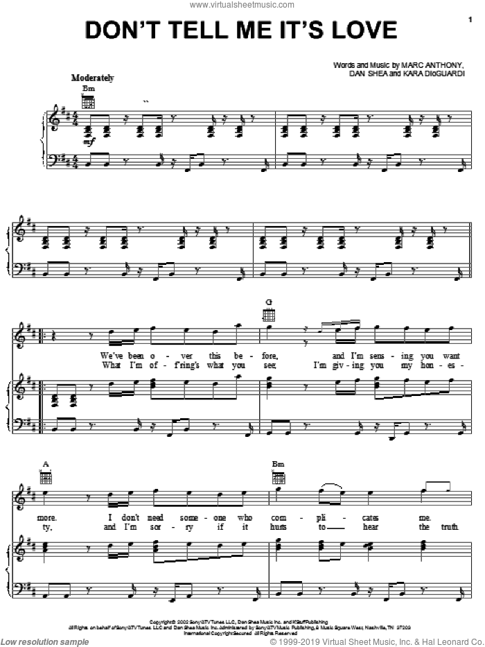 Don't Tell Me It's Love sheet music for voice, piano or guitar by Marc Anthony, Dan Shea and Kara DioGuardi, intermediate skill level