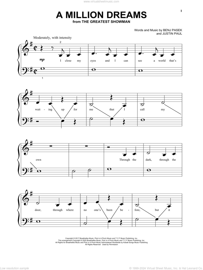 A Million Dreams (from The Greatest Showman) sheet music for piano solo by Pasek & Paul, Benj Pasek and Justin Paul, beginner skill level