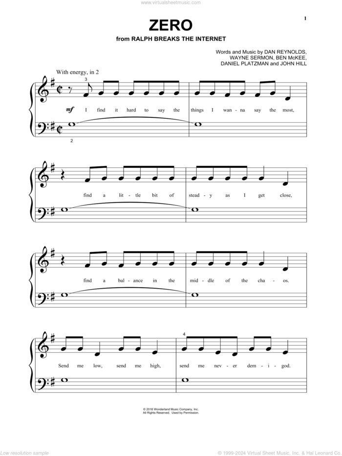 Zero (from Ralph Breaks The Internet), (beginner) sheet music for piano solo by Imagine Dragons, Ben McKee, Dan Reynolds, Daniel Platzman, John Hill and Wayne Sermon, beginner skill level