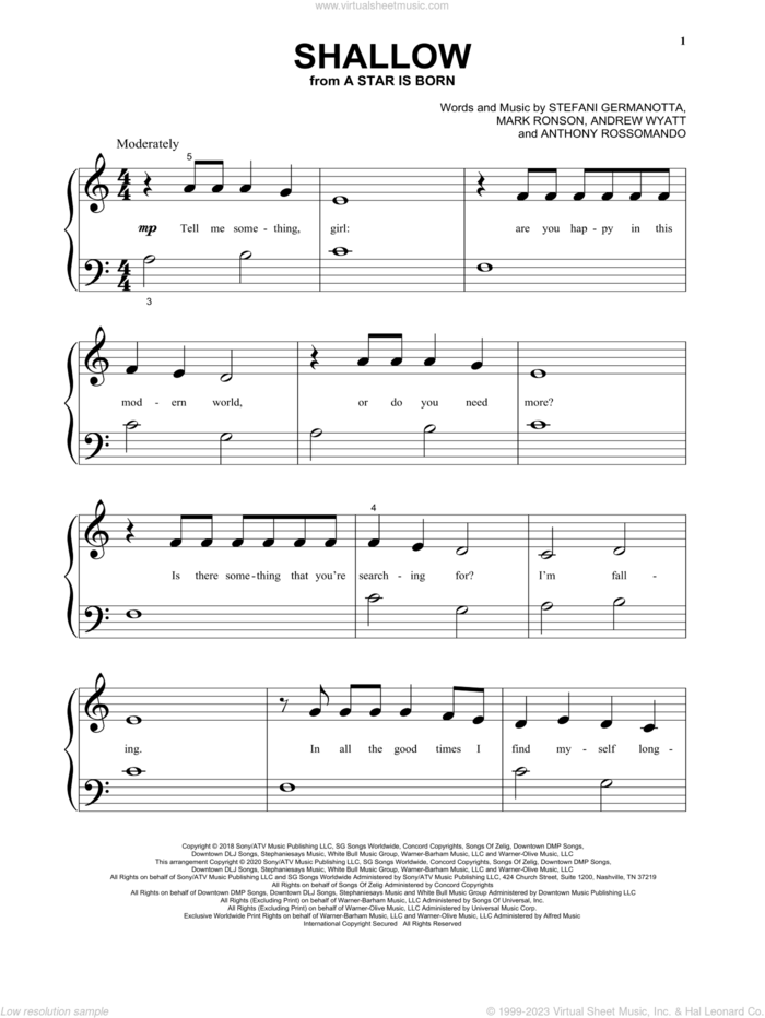 Shallow (from A Star Is Born) sheet music for piano solo by Lady Gaga & Bradley Cooper, Bradley Cooper, Andrew Wyatt, Anthony Rossomando, Lady Gaga and Mark Ronson, beginner skill level