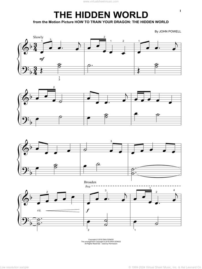 The Hidden World (from How To Train Your Dragon: The Hidden World), (beginner) sheet music for piano solo by John Powell, beginner skill level