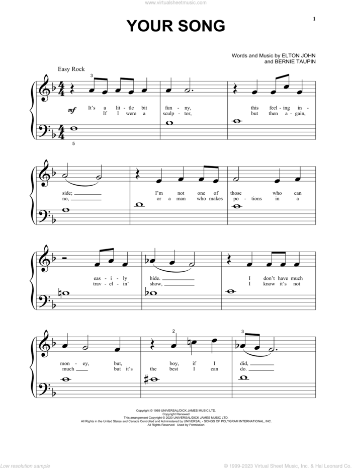 Your Song sheet music for piano solo by Elton John and Bernie Taupin, beginner skill level