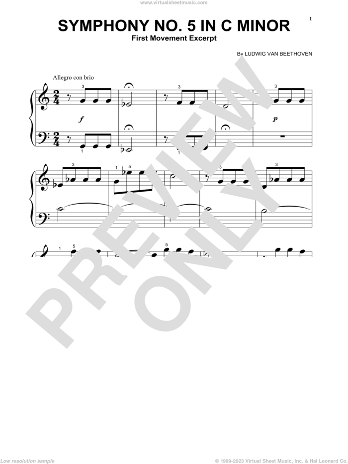 Symphony No. 5 In C Minor, First Movement Excerpt sheet music for piano solo by Ludwig van Beethoven, classical score, beginner skill level