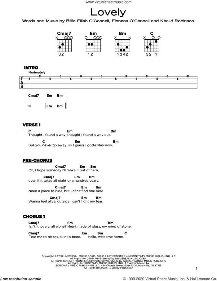 lovely (from 13 Reasons Why) sheet music for guitar solo by Billie Eilish & Khalid and Khalid Robinson, beginner skill level
