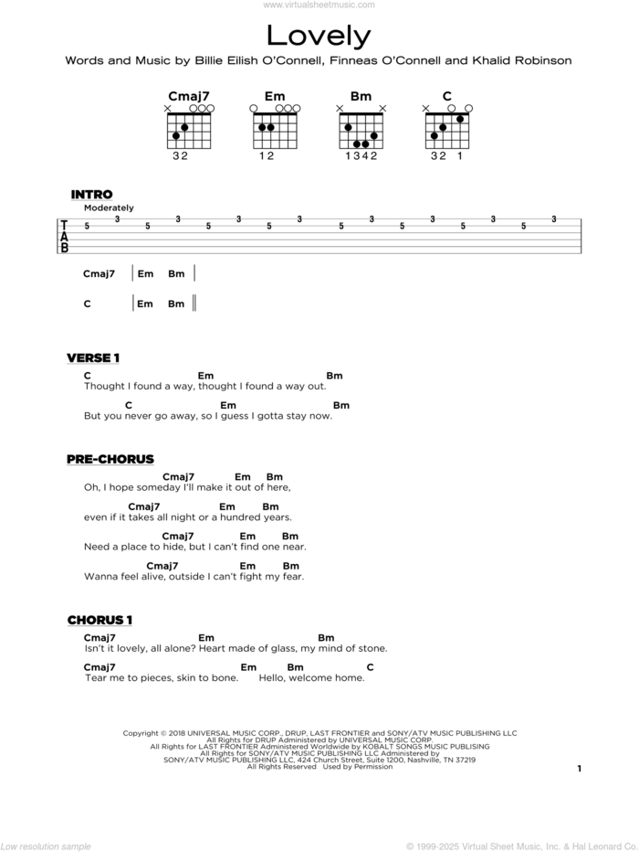 lovely (from 13 Reasons Why) sheet music for guitar solo by Billie Eilish & Khalid and Khalid Robinson, beginner skill level