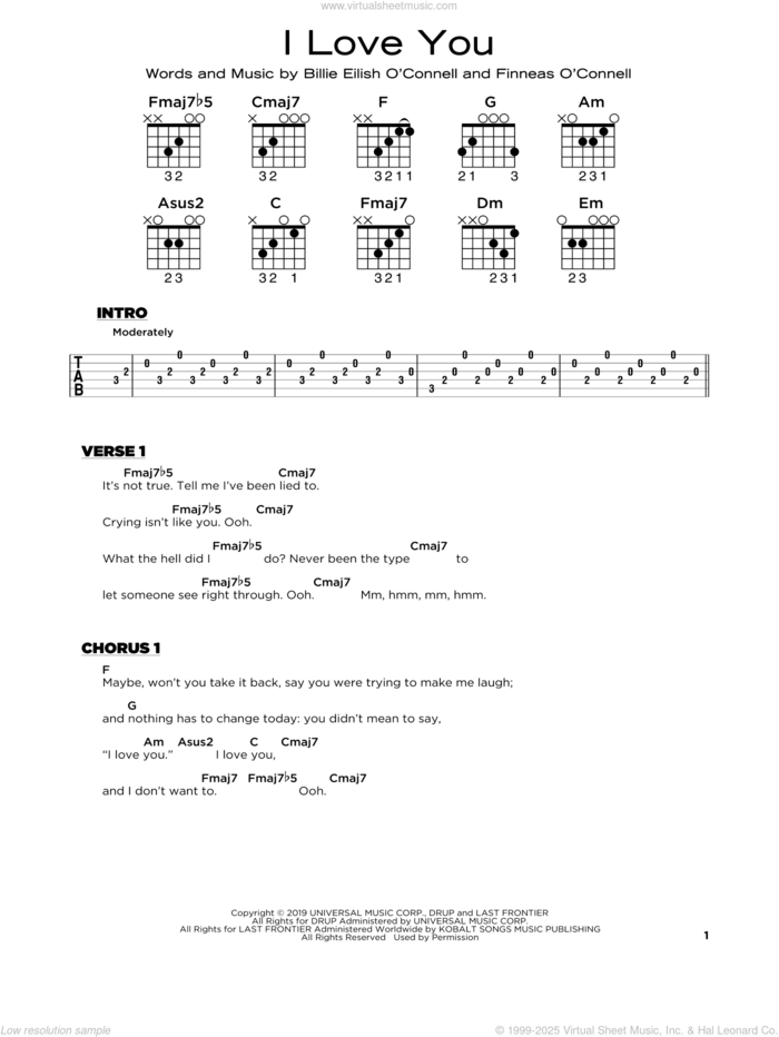 i love you sheet music for guitar solo by Billie Eilish, beginner skill level