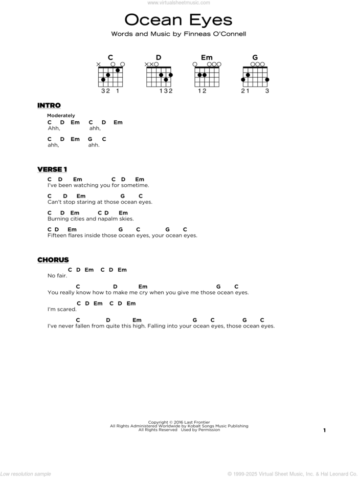 ocean eyes sheet music for guitar solo by Billie Eilish, beginner skill level