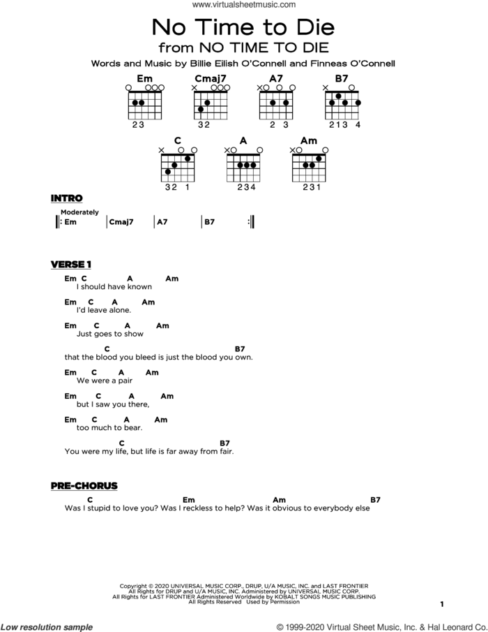 No Time To Die sheet music for guitar solo by Billie Eilish, beginner skill level