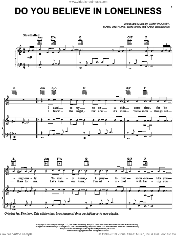 Do You Believe In Loneliness sheet music for voice, piano or guitar by Marc Anthony, Cory Rooney and Dan Shea, intermediate skill level