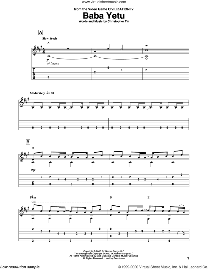 Baba Yetu (from Civilization IV) sheet music for guitar solo by Christopher Tin, intermediate skill level