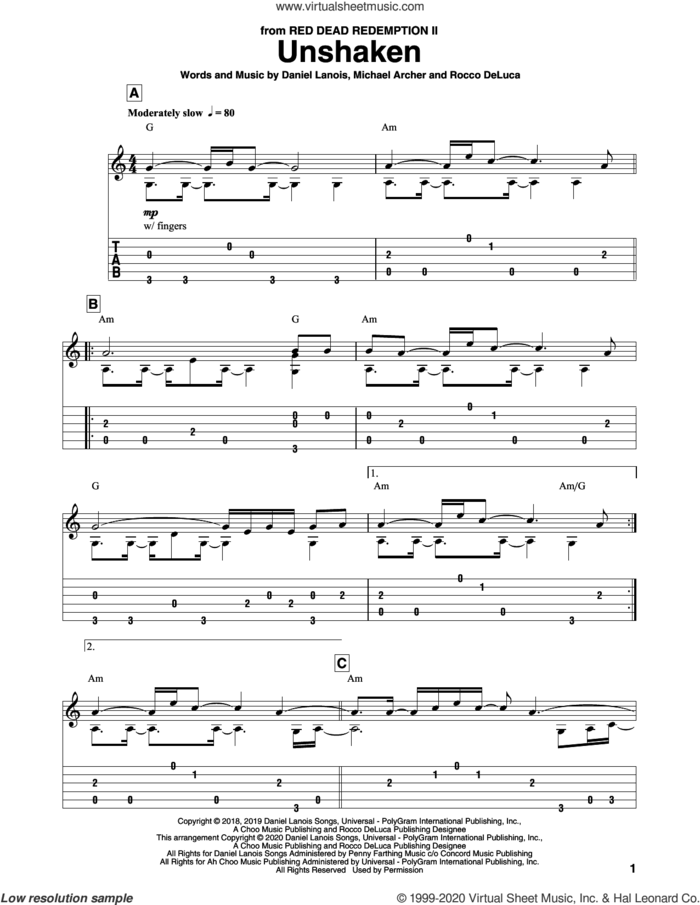 Unshaken (from Red Dead Redemption 2) sheet music for guitar solo by Daniel Lanois, Michael Archer and Rocco DeLuca, intermediate skill level