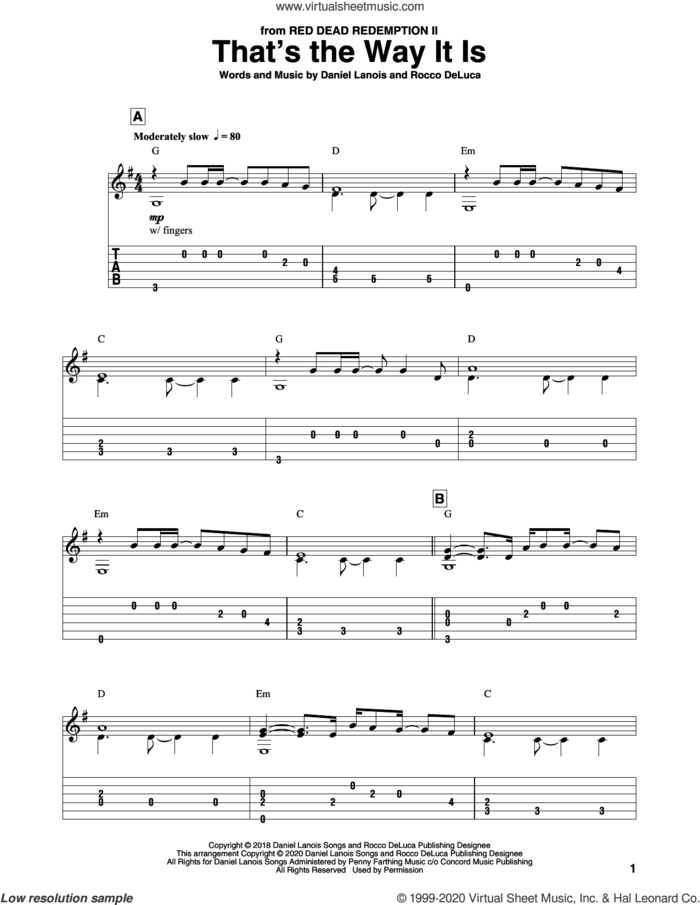 That's The Way It Is (from Red Dead Redemption II) sheet music for guitar solo by Daniel Lanois, Daniel Lanois and Rocco DeLuca and Rocco DeLuca, intermediate skill level