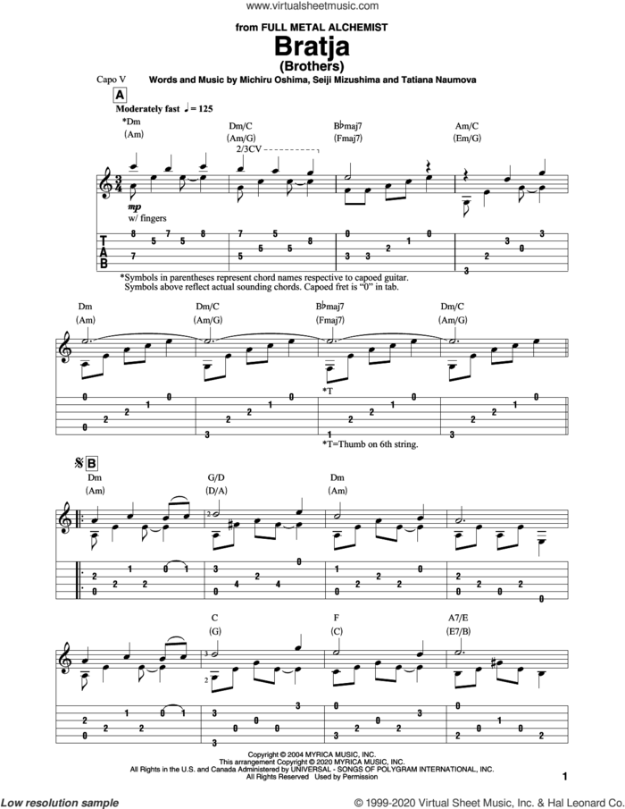 Bratja (Brothers) (from Full Metal Alchemist) sheet music for guitar solo by Seiji Mizushima, Michiru Oshima, Michiru Oshima, Seiji Mizushima and Tatiana Naumova and Tatiana Naumova, intermediate skill level
