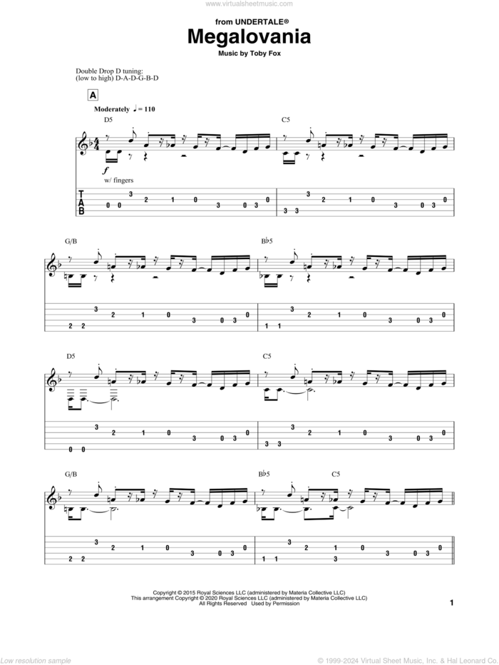 Megalovania (from Undertale) sheet music for guitar solo by Toby Fox, intermediate skill level