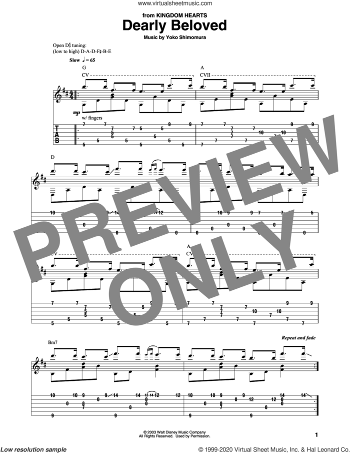 Dearly Beloved (from Kingdom Hearts) sheet music for guitar solo by Yoko Shimomura, intermediate skill level