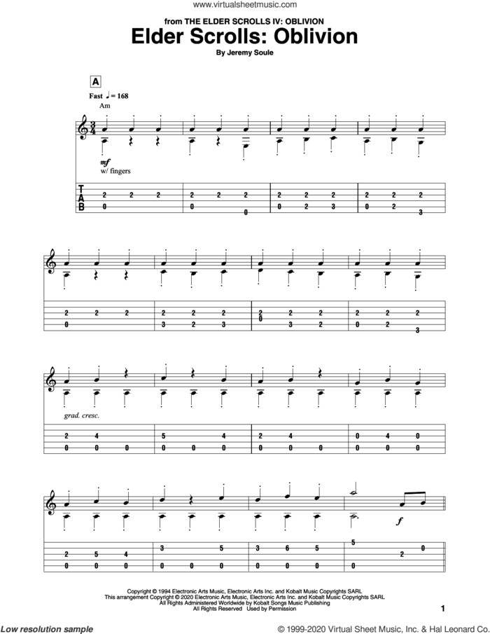 Elder Scrolls: Oblivion sheet music for guitar solo by Jeremy Soule, intermediate skill level