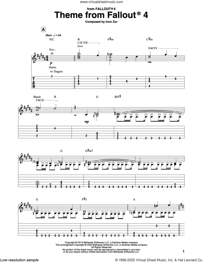 Theme From Fallout 4 sheet music for guitar solo by Inon Zur, intermediate skill level