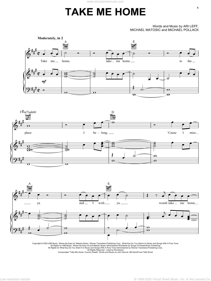 Take Me Home sheet music for voice, piano or guitar by Restless Road & Kane Brown, Ari Leff, Michael Matosic and Michael Pollack, intermediate skill level