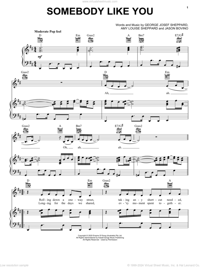 Somebody Like You sheet music for voice, piano or guitar by Sheppard, Amy Louise Sheppard, George Josef Sheppard and Jason Bovino, intermediate skill level