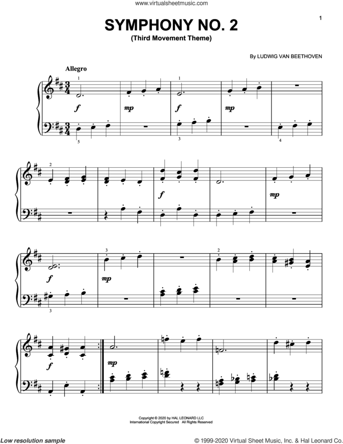 Symphony No. 2, Third Movement Excerpt sheet music for piano solo by Ludwig van Beethoven, classical score, easy skill level