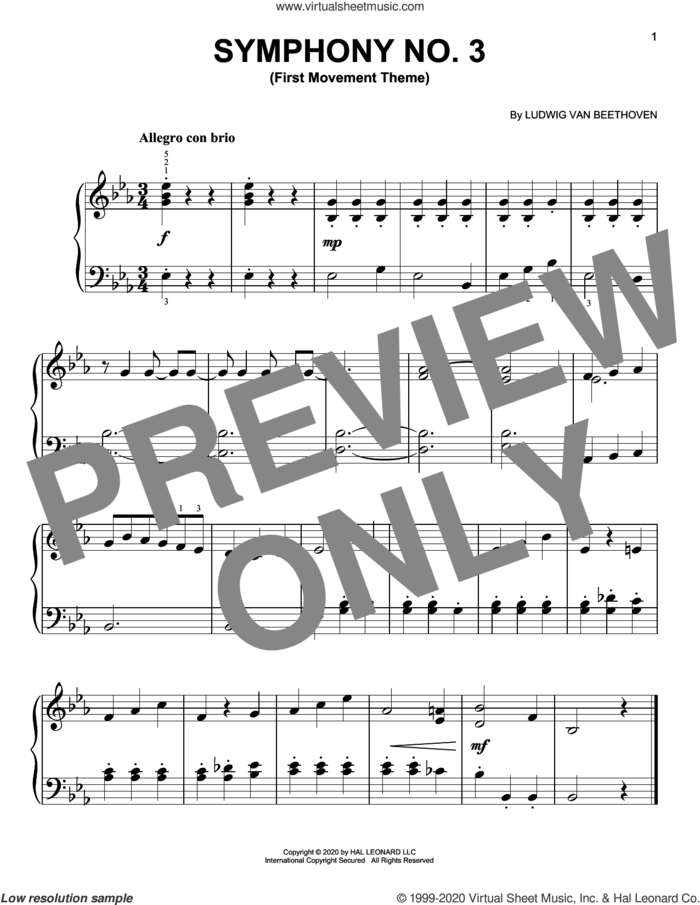 Symphony No. 3 (First Movement Theme) sheet music for piano solo by Ludwig van Beethoven, classical score, easy skill level