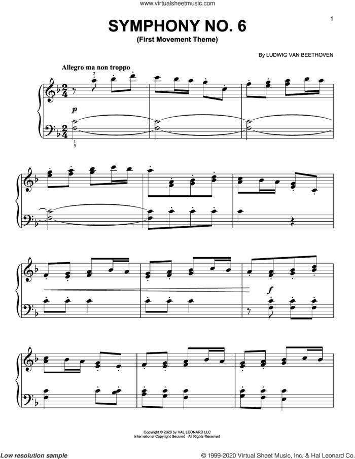 Symphony No. 6 In F Major ('Pastoral'), First Movement Excerpt sheet music for piano solo by Ludwig van Beethoven, classical score, easy skill level