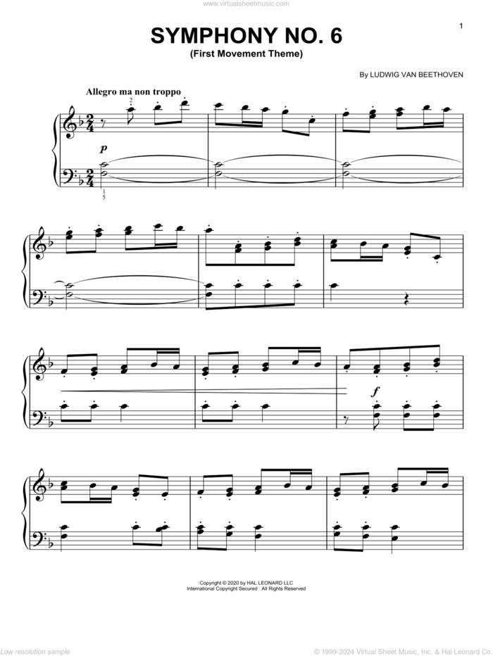 Symphony No. 6 In F Major ('Pastoral'), First Movement Excerpt, (easy) sheet music for piano solo by Ludwig van Beethoven, classical score, easy skill level