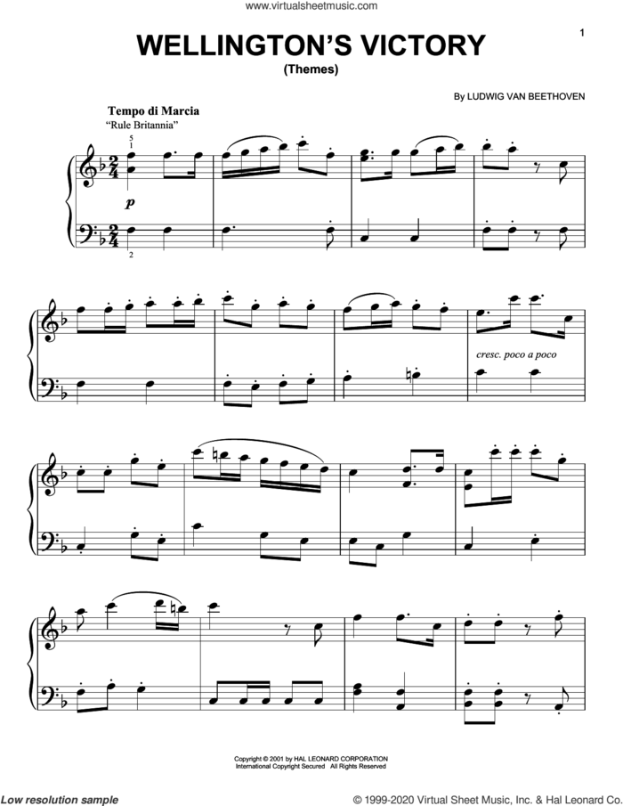 Wellington's Victory (Themes) sheet music for piano solo by Ludwig van Beethoven, classical score, easy skill level