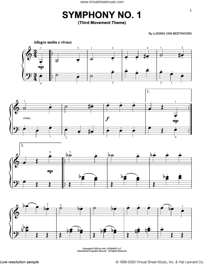Symphony No. 1, Third Movement Excerpt, (easy) sheet music for piano solo by Ludwig van Beethoven, classical score, easy skill level