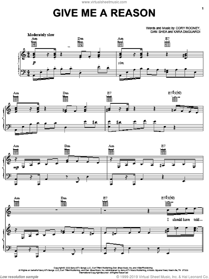 Give Me A Reason sheet music for voice, piano or guitar by Marc Anthony, Cory Rooney, Dan Shea and Kara DioGuardi, intermediate skill level