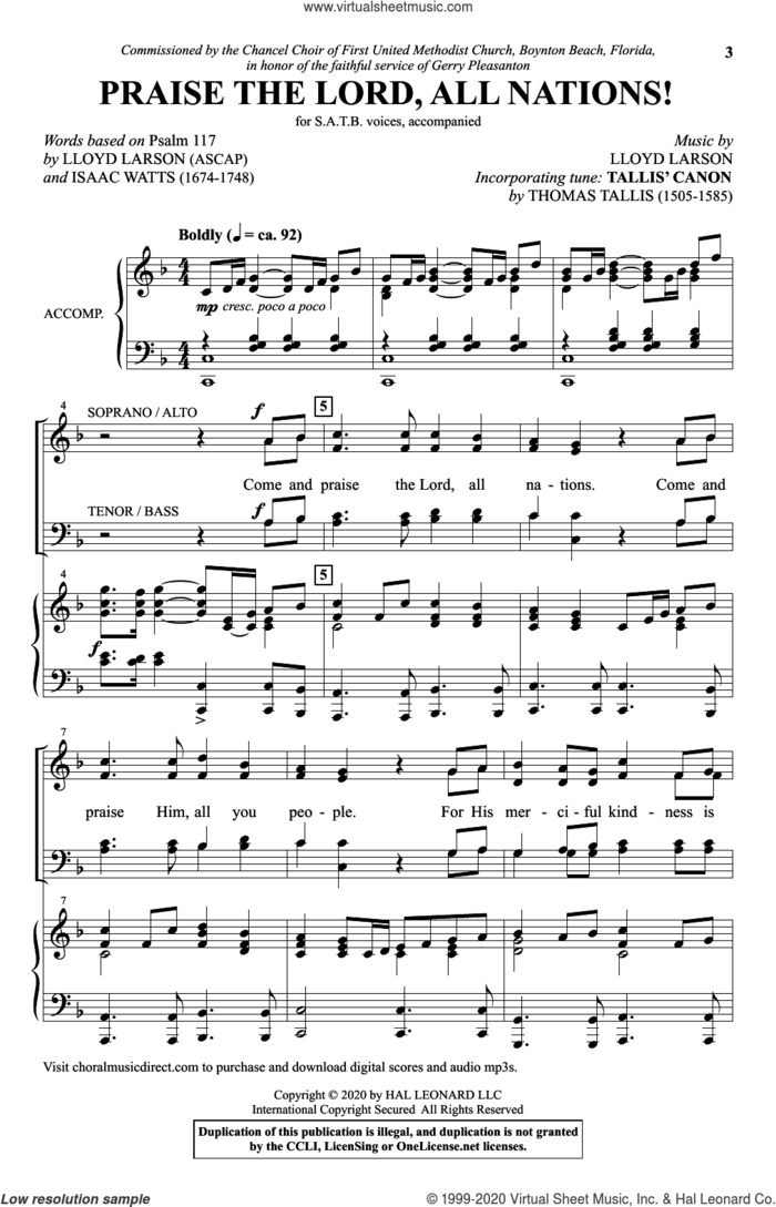 Praise The Lord, All Nations! sheet music for choir (SATB: soprano, alto, tenor, bass) by Lloyd Larson and Isaac Watts, intermediate skill level