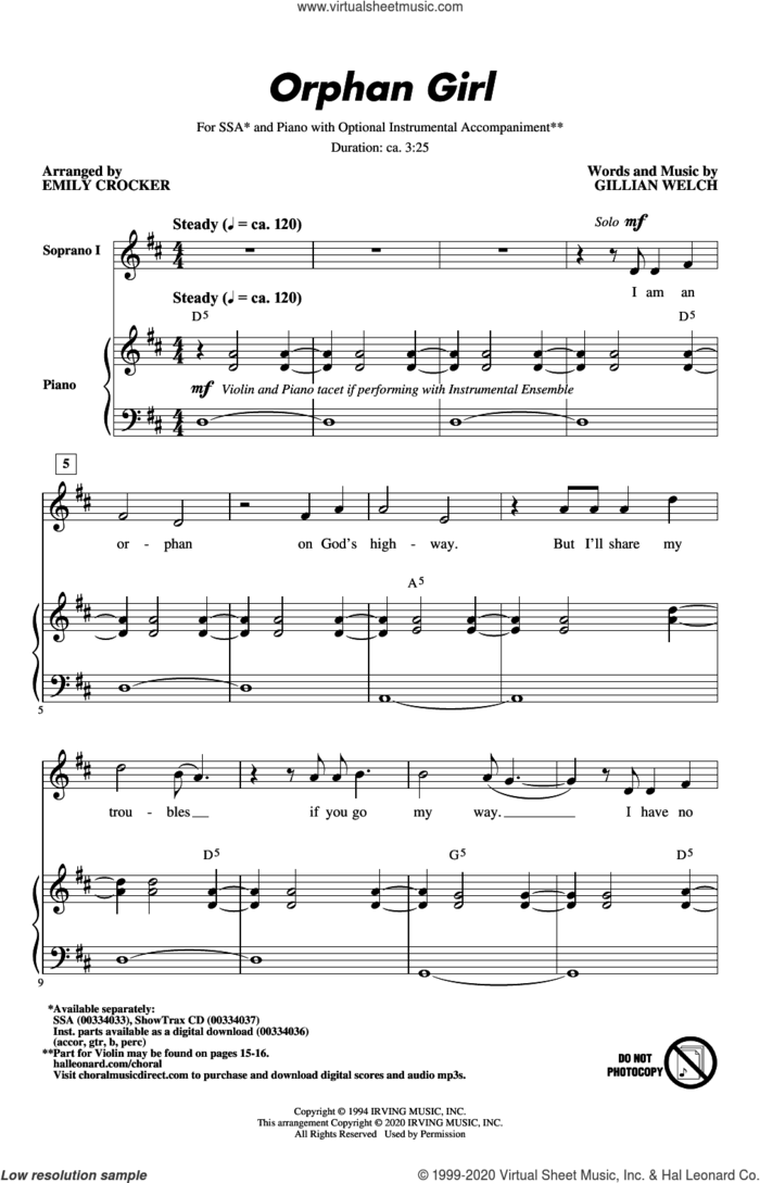 Orphan Girl (arr. Emily Crocker) sheet music for choir (SSA: soprano, alto) by Gillian Welch, Emily Crocker and Emmylou Harris, intermediate skill level