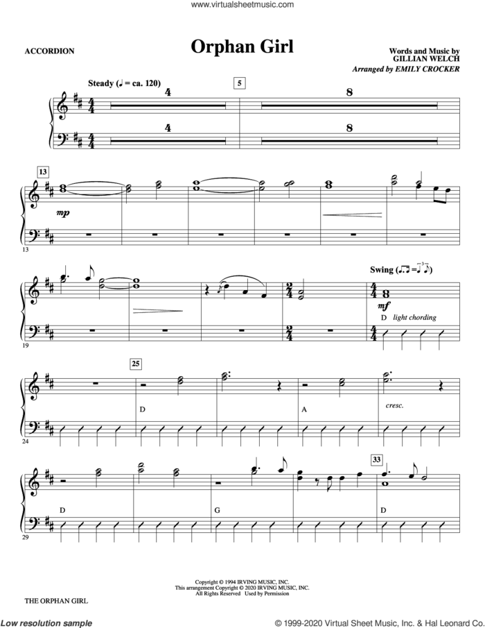 Orphan Girl (arr. Emily Crocker) (complete set of parts) sheet music for orchestra/band by Emily Crocker, Emmylou Harris and Gillian Welch, intermediate skill level