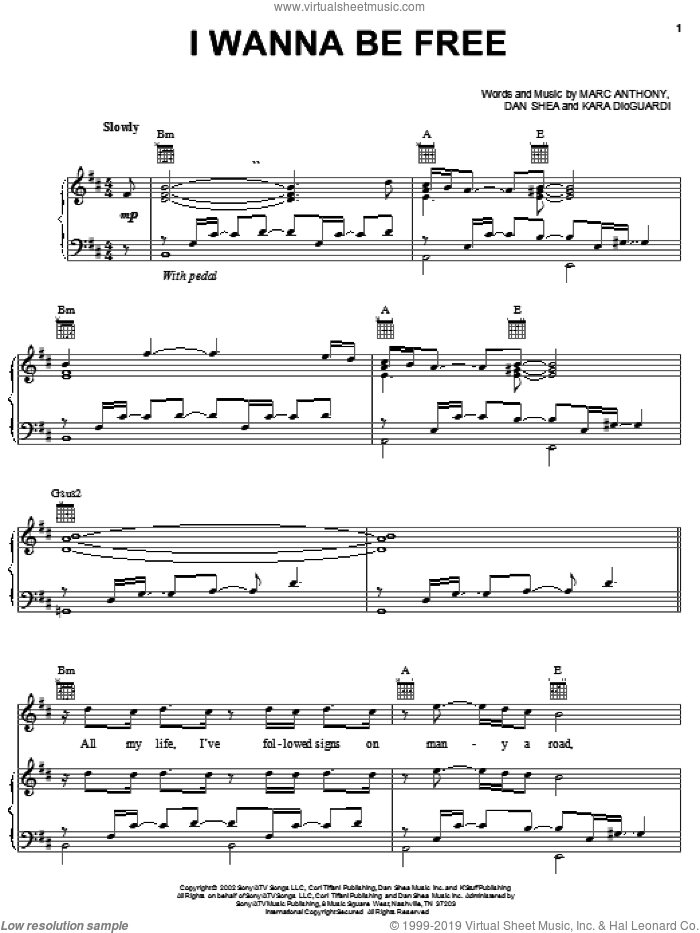 I Wanna Be Free sheet music for voice, piano or guitar by Marc Anthony, Dan Shea and Kara DioGuardi, intermediate skill level