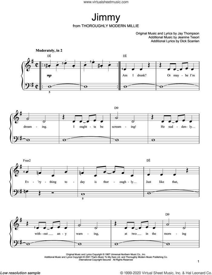 Jimmy (from Thoroughly Modern Millie) sheet music for piano solo by Jeanine Tesori, Dick Scanlan and Jay Thompson, easy skill level