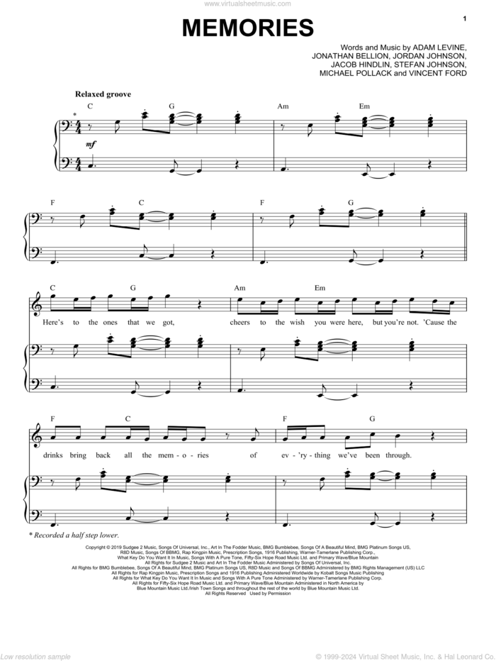 Memories sheet music for voice and piano by Maroon 5, Adam Levine, Jacob Hindlin, Jon Bellion, Michael Pollack, Stefan Johnson and Vincent Ford, intermediate skill level