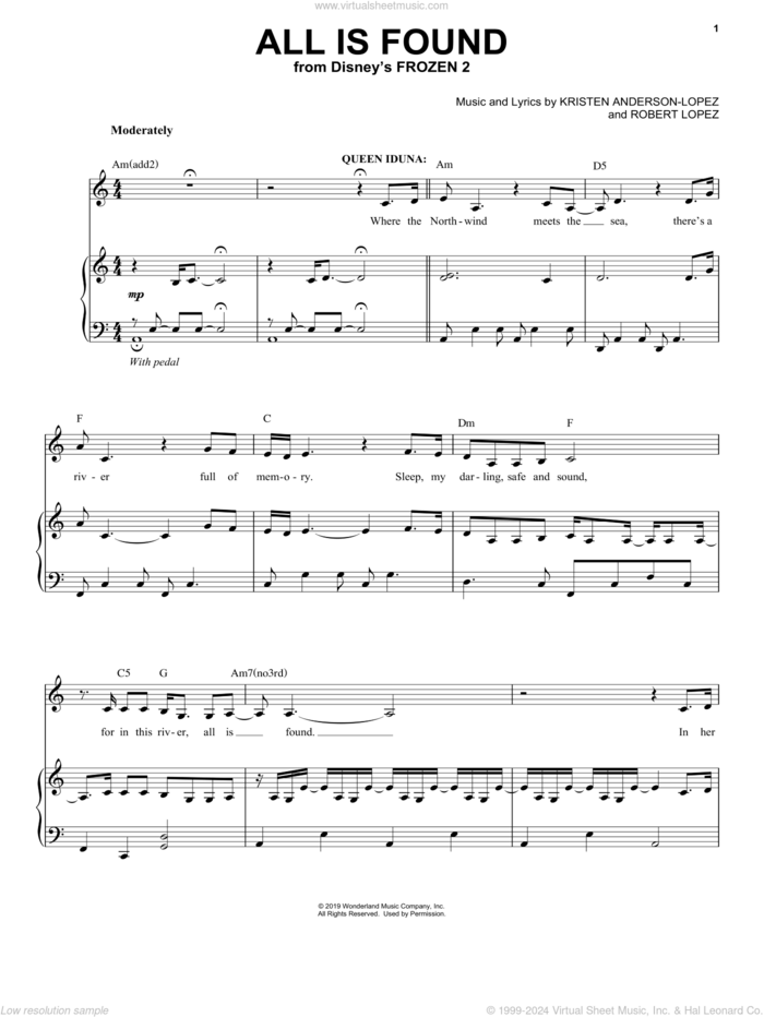 All Is Found (from Disney's Frozen 2) sheet music for voice and piano by Evan Rachel Wood, Kristen Anderson-Lopez and Robert Lopez, intermediate skill level