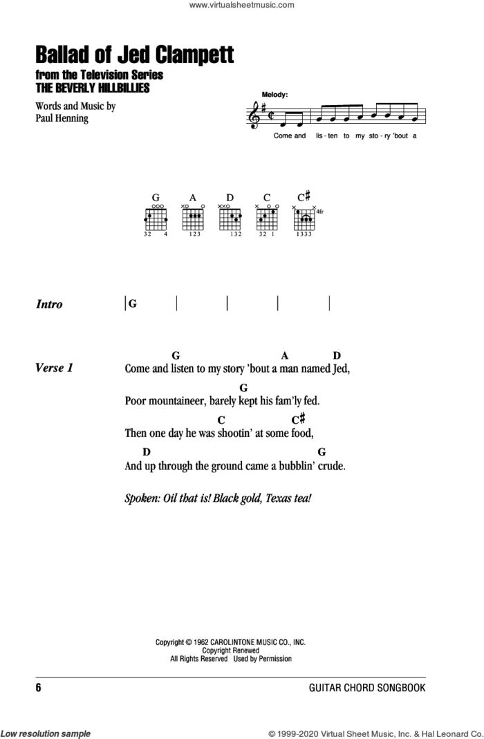 Ballad Of Jed Clampett (from The Beverly Hillbillies) sheet music for guitar (chords) by Lester Flatt & Earl Scruggs and Paul Henning, intermediate skill level