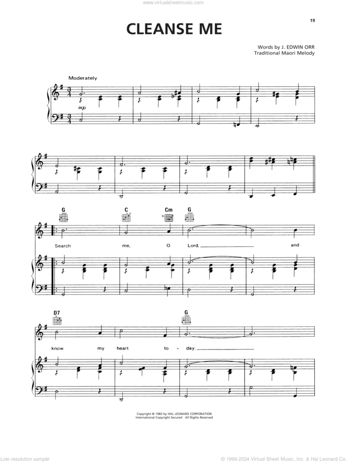 Cleanse Me (Search Me, O God) sheet music for voice, piano or guitar by J. Edwin Orr and Traditional Maori Melody, intermediate skill level
