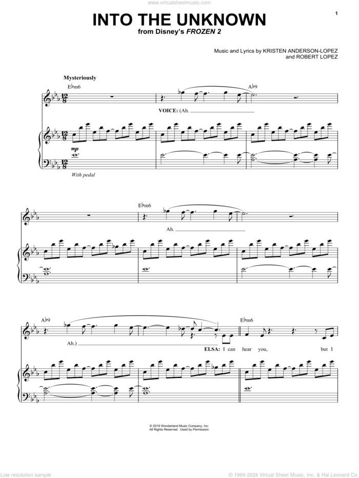 Into The Unknown (from Disney's Frozen 2) sheet music for voice and piano by Idina Menzel and AURORA, Kristen Anderson-Lopez and Robert Lopez, intermediate skill level