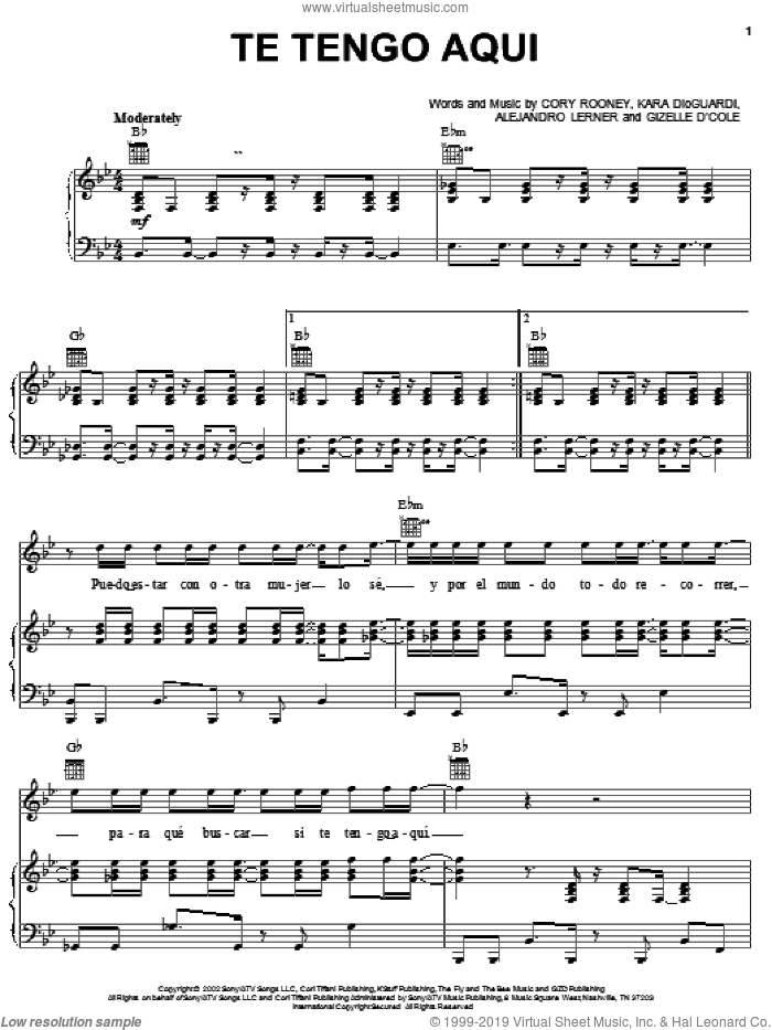 Te Tengo Aqui sheet music for voice, piano or guitar by Marc Anthony, Alejandro Lerner, Cory Rooney and Kara DioGuardi, intermediate skill level