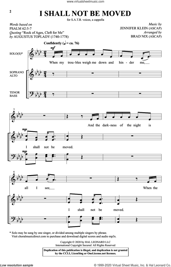 I Shall Not Be Moved (arr. Brad Nix) sheet music for choir (SATB: soprano, alto, tenor, bass) by Jennifer Klein, Brad Nix and Psalm 62:5-7, intermediate skill level