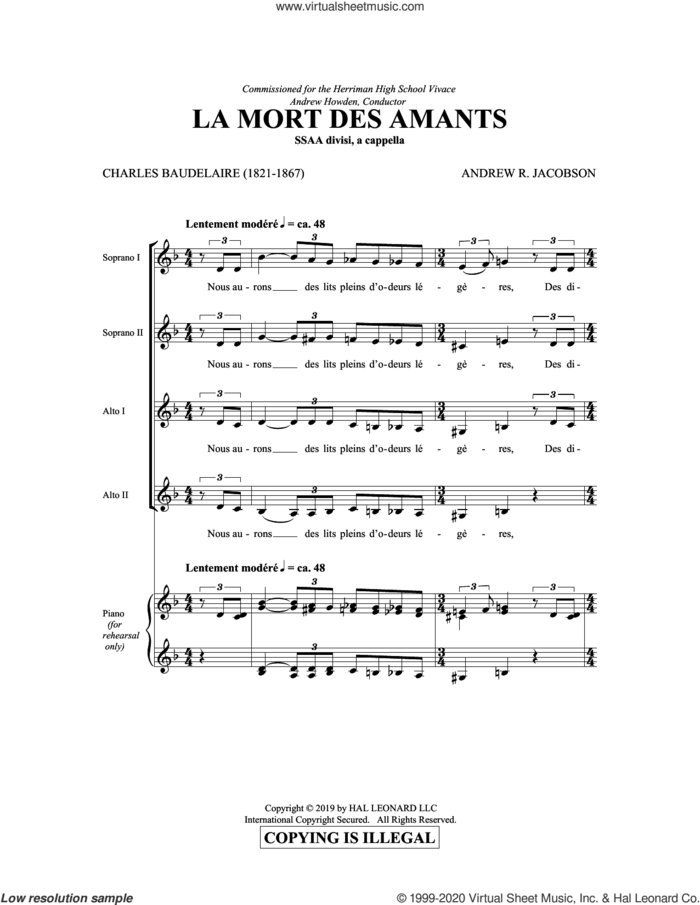 La Mort Des Amants sheet music for choir (SSA: soprano, alto) by Charles Baudelaire and Andrew Jacobson, Andrew Jacobson and Charles Baudelaire, intermediate skill level