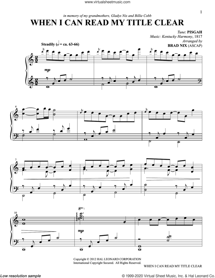 When I Can Read My Title Clear (arr. Brad Nix) sheet music for piano solo by Isaac Watts, Brad Nix and Miscellaneous, intermediate skill level