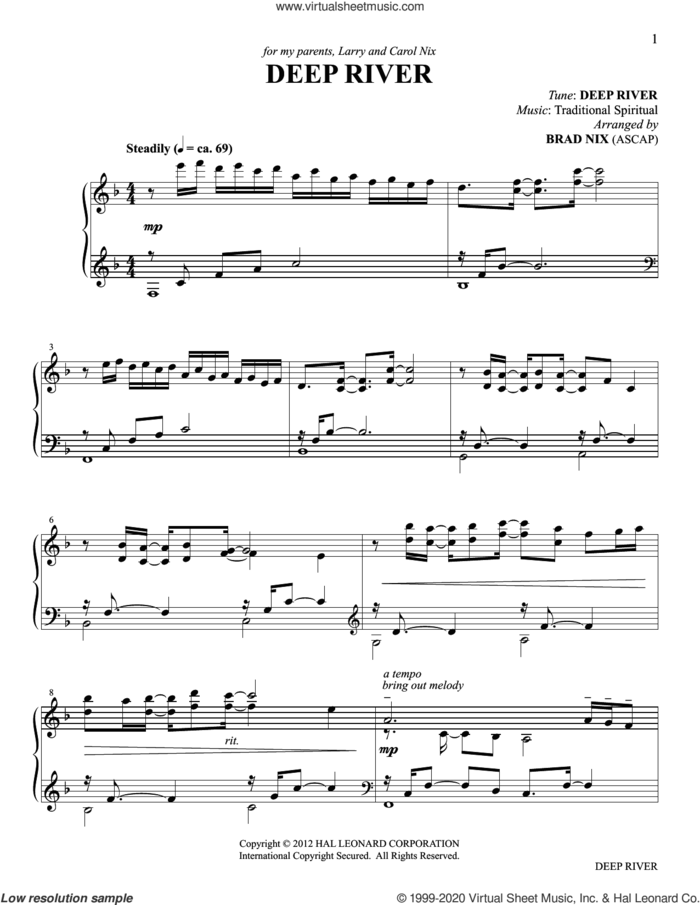 Deep River (arr. Brad Nix) sheet music for piano solo  and Brad Nix, intermediate skill level