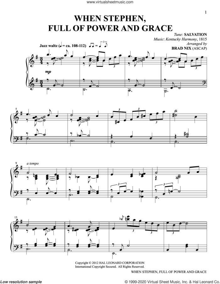 When Stephen, Full Of Power And Grace (arr. Brad Nix) sheet music for piano solo by Kentucky Harmony and Brad Nix, intermediate skill level