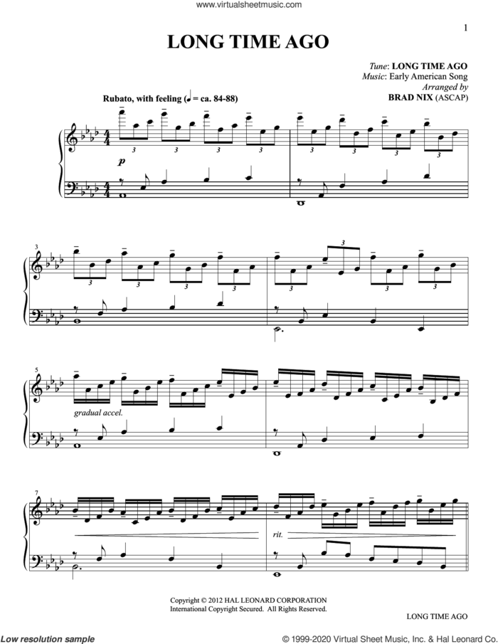 Long Time Ago (arr. Brad Nix) sheet music for piano solo by Early American Song and Brad Nix, intermediate skill level