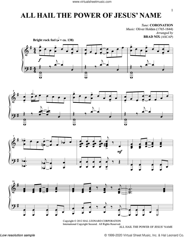 All Hail The Power Of Jesus' Name (arr. Brad Nix) sheet music for piano solo by John Rippon, Brad Nix, Edward Perronet, Edward Perronet and Oliver Holden and Oliver Holden, intermediate skill level